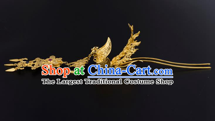 China Ancient Court Gems Hairpin Handmade Traditional Ming Dynasty Empress Golden Phoenix Hair Clip