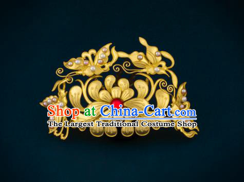 China Ancient Empress Pearls Butterfly Hairpin Handmade Traditional Ming Dynasty Golden Chrysanthemum Hair Stick