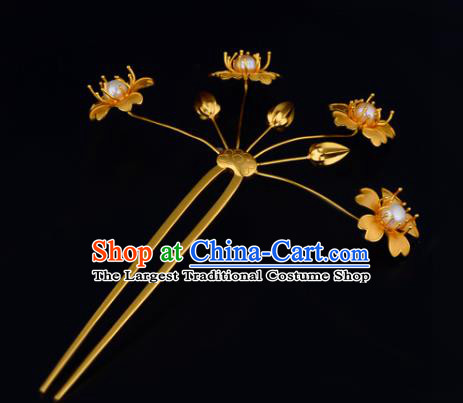 China Ancient Princess Golden Plum Hairpin Handmade Traditional Ming Dynasty Palace Lady Pearls Hair Stick