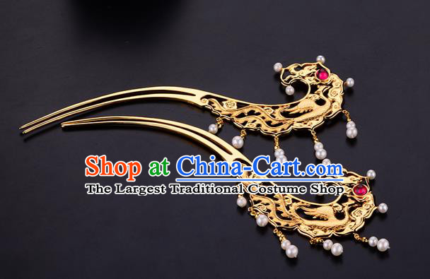 China Ancient Queen Golden Phoenix Hairpin Handmade Traditional Ming Dynasty Pearls Hair Stick