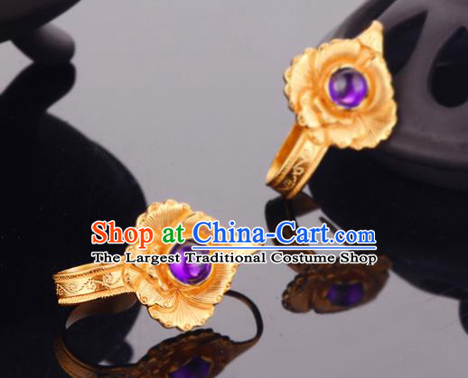 Chinese Traditional Ming Dynasty Golden Peony Earrings Ancient Empress Amethyst Ear Accessories