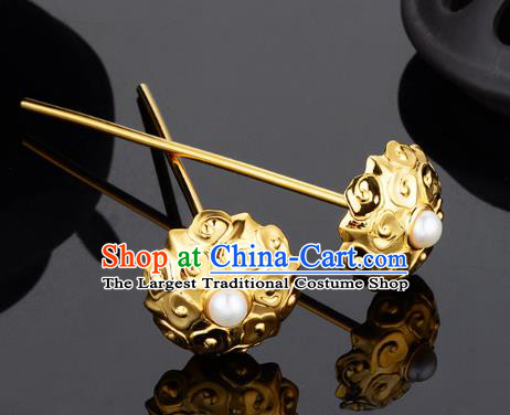 China Ancient Palace Woman Pearls Hairpin Handmade Traditional Ming Dynasty Empress Golden Hair Stick