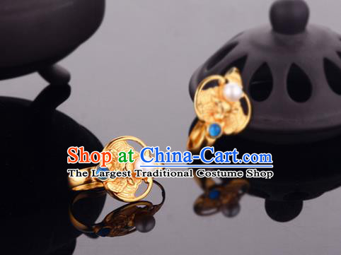 Chinese Traditional Ming Dynasty Queen Golden Bat Earrings Ancient Empress Pearl Ear Accessories