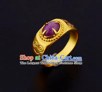 Handmade Chinese Traditional Hanfu Golden Circlet Jewelry Ming Dynasty Court Amethyst Ring Accessories