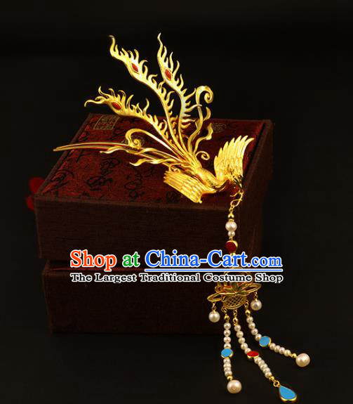 China Ancient Empress Pearls Tassel Hairpin Handmade Traditional Ming Dynasty Golden Phoenix Hair Crown