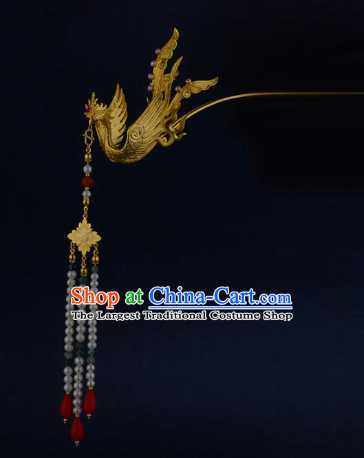 China Ancient Empress Golden Phoenix Hairpin Handmade Traditional Ming Dynasty Queen Pearls Tassel Hair Stick