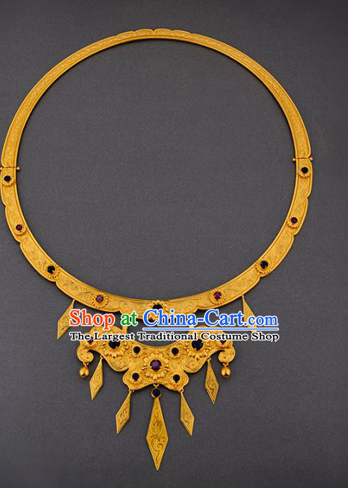 Handmade Chinese Traditional Hanfu Golden Necklet Jewelry Sui Dynasty Princess Gems Necklace Accessories