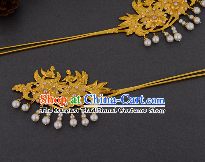 China Ancient Noble Lady Pearls Hairpin Handmade Traditional Ming Dynasty Empress Golden Hair Stick