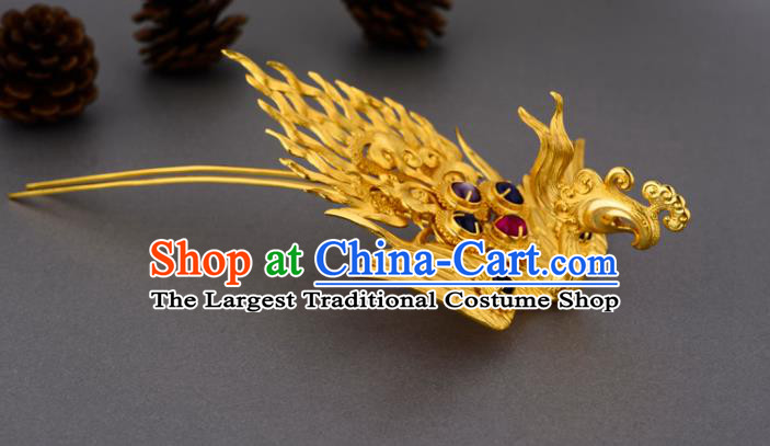 China Ancient Court Empress Gems Hairpin Handmade Traditional Ming Dynasty Golden Phoenix Hair Crown
