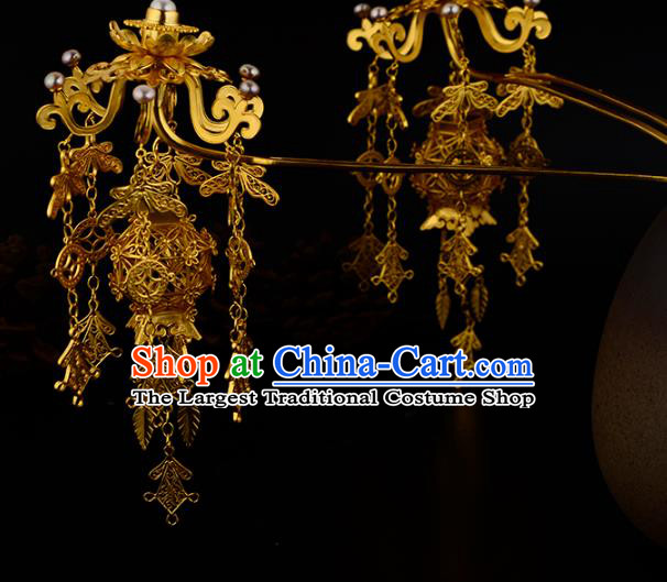 China Ancient Queen Golden Tassel Hairpin Handmade Traditional Ming Dynasty Empress Hair Stick