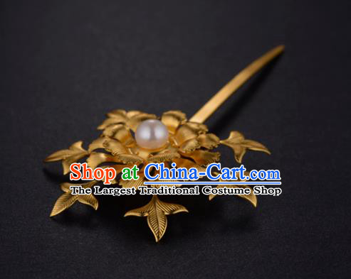 China Ancient Empress Pearl Hairpin Handmade Traditional Ming Dynasty Court Golden Peony Hair Stick
