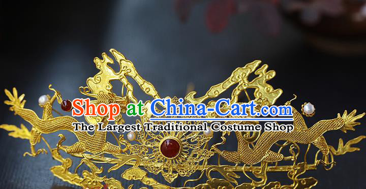 China Ancient Empress Agate Hairpin Handmade Traditional Ming Dynasty Golden Dragons Hair Crown
