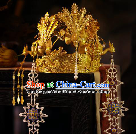 China Ancient Empress Golden Phoenix Coronet Handmade Traditional Ming Dynasty Wedding Hair Crown