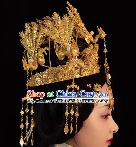 China Ancient Empress Golden Phoenix Coronet Handmade Traditional Ming Dynasty Wedding Hair Crown
