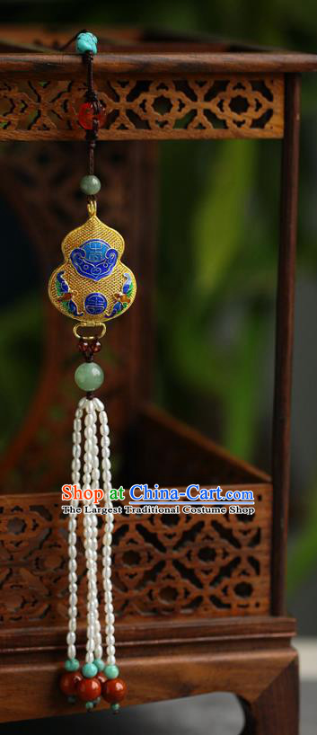 Chinese Traditional Qing Dynasty Pearls Tassel Brooch Ancient Empress Filigree Gourd Pendant Accessories