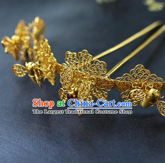 China Ancient Empress Ruby Hair Crown Traditional Ming Dynasty Court Filigree Butterfly Hairpin
