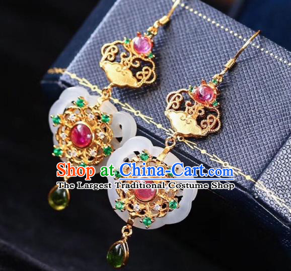 Chinese National Tourmaline Ear Accessories Handmade Traditional Cheongsam Hetian Jade Earrings