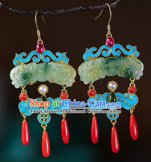 Chinese Handmade Qing Dynasty Palace Ear Accessories Traditional Cheongsam Jade Carving Earrings