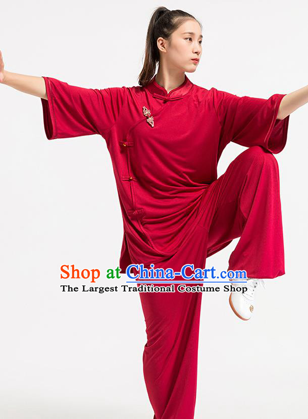 China Kung Fu Wine Red Uniforms Summer Tai Chi Training Costume Traditional Martial Arts Clothing