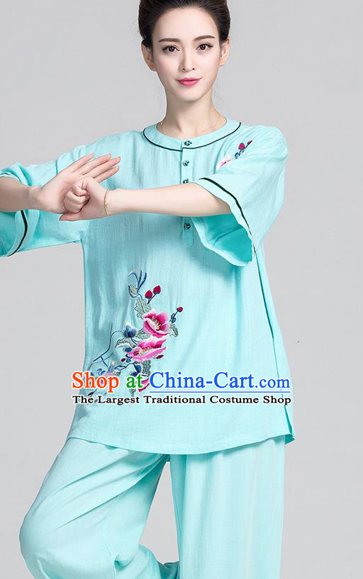 China Traditional Martial Arts Embroidered Light Green Flax Short Sleeve Uniforms Summer Tai Chi Clothing