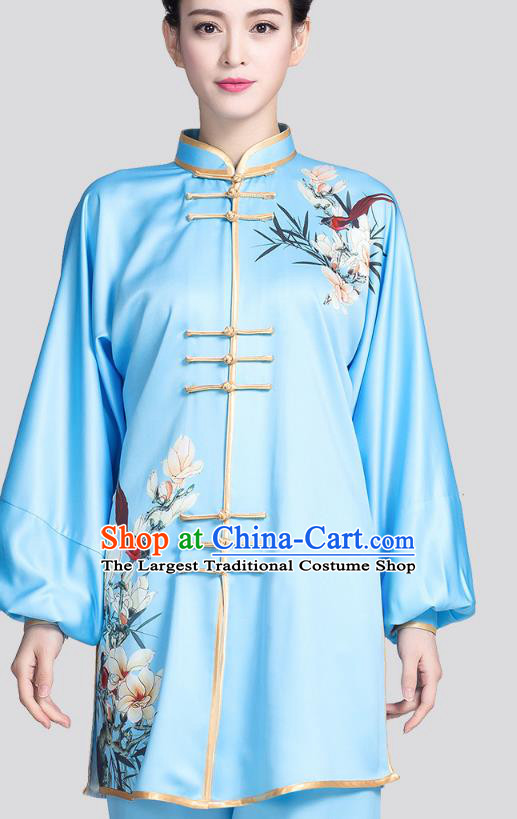 China Kung Fu Competition Clothing Traditional Tai Chi Printing Mangnolia Blue Satin Uniforms