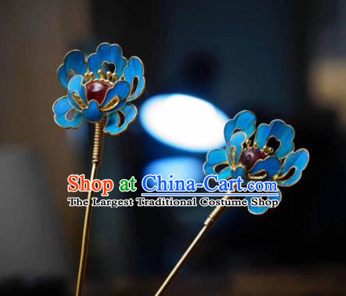 Chinese Handmade Peony Hairpin Traditional Hair Jewelry Ancient Ming Dynasty Court Woman Ruby Hair Stick