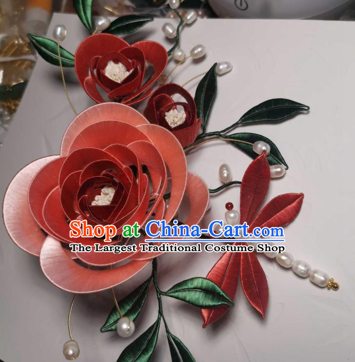 Chinese Handmade Traditional Hairpin Hair Jewelry Ancient Song Dynasty Princess Pink Silk Rose Hair Stick