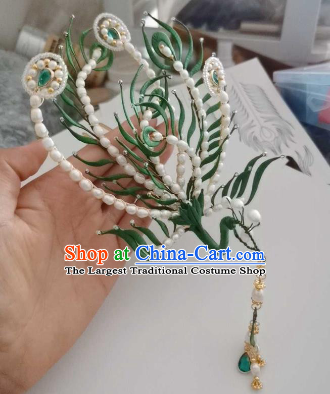 Chinese Ancient Queen Pearls Hair Crown Traditional Hair Jewelry Handmade Green Phoenix Hairpin
