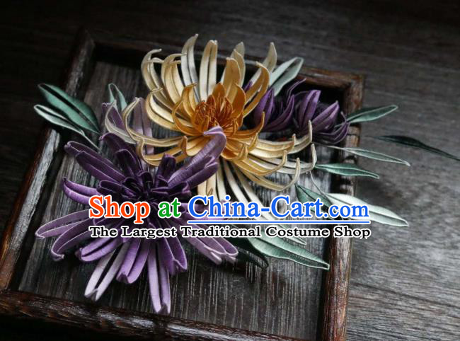 China Handmade Ming Dynasty Hairpin Ancient Princess Silk Chrysanthemum Hair Stick Traditional Hair Accessories