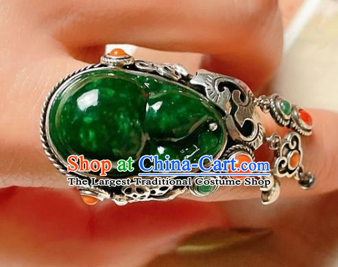 Top Chinese National Wedding Silver Ring Jewelry Traditional Handmade Accessories Green Jadeite Circlet
