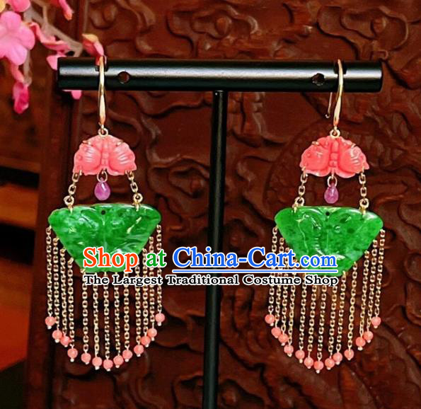 Chinese National Red Beads Tassel Earrings Traditional Jewelry Handmade Wedding Jadeite Butterfly Ear Accessories