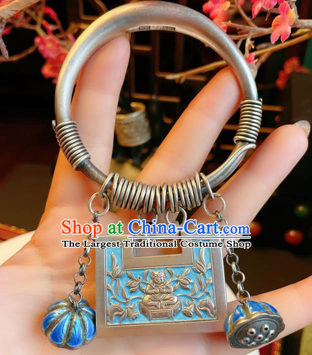 Handmade Chinese Blueing Lock Bracelet Accessories Traditional Culture Jewelry National Silver Carving Bangle