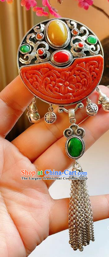 Handmade Chinese National Red Jade Brooch Accessories Traditional Culture Jewelry Silver Tassel Pendant