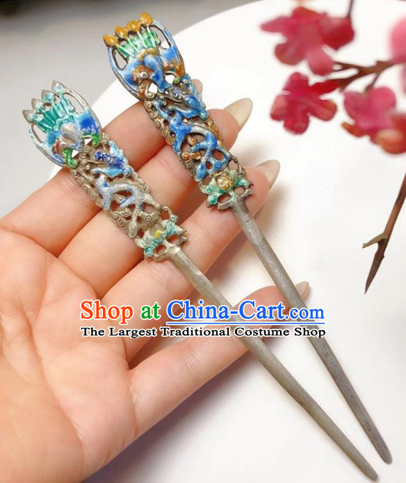 China Handmade Qing Dynasty Hair Stick Classical Blueing Silver Hairpin Traditional Hair Accessories