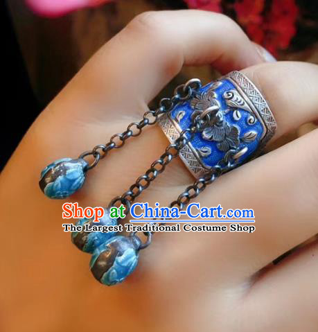 Chinese National Blueing Tassel Ring Jewelry Traditional Handmade Accessories Silver Circlet