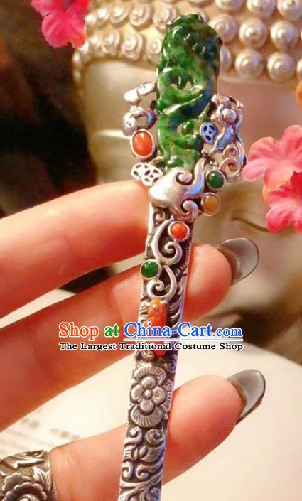 China Traditional Jadeite Hair Accessories Handmade Qing Dynasty Silver Hair Stick Classical Gems Hairpin
