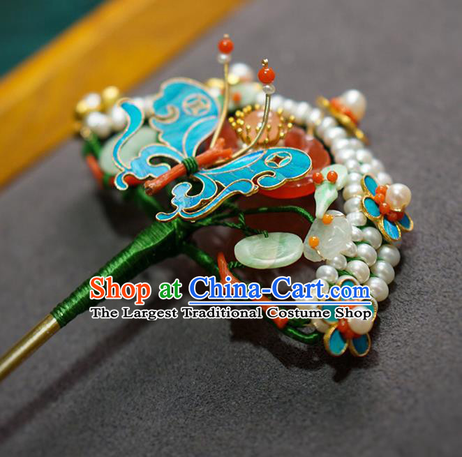 China Ancient Empress Agate Hair Stick Traditional Court Hair Jewelry Qing Dynasty Palace Lady Pearls Hairpin
