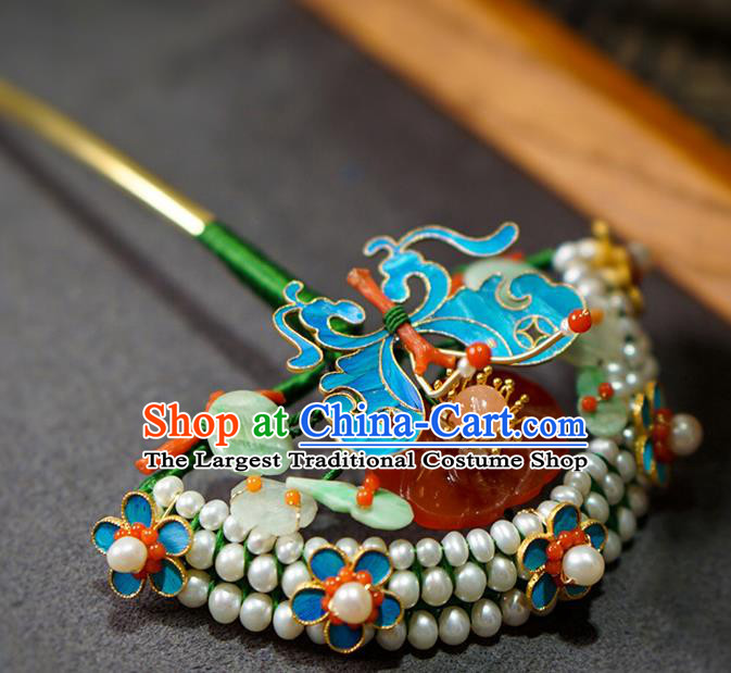 China Ancient Empress Agate Hair Stick Traditional Court Hair Jewelry Qing Dynasty Palace Lady Pearls Hairpin