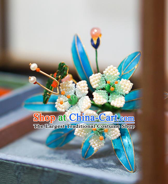 China Traditional Court Jade Hair Jewelry Qing Dynasty Daffodil Hair Stick Ancient Empress Pearls Hairpin