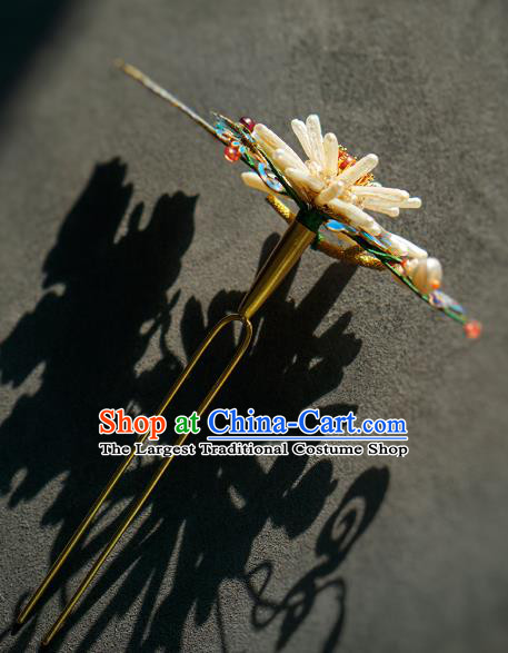 China Ancient Empress Blueing Hairpin Traditional Court Ruby Hair Jewelry Qing Dynasty Pearls Chrysanthemum Hair Stick