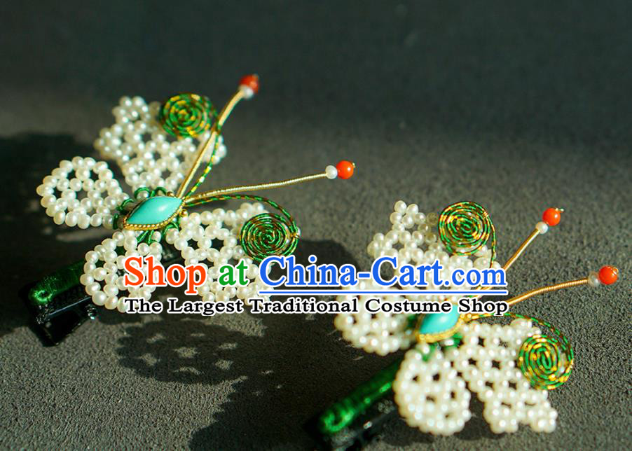 China Ancient Empress Pearls Butterfly Hairpin Traditional Court Ruby Hair Jewelry Qing Dynasty Kallaite Hair Claw