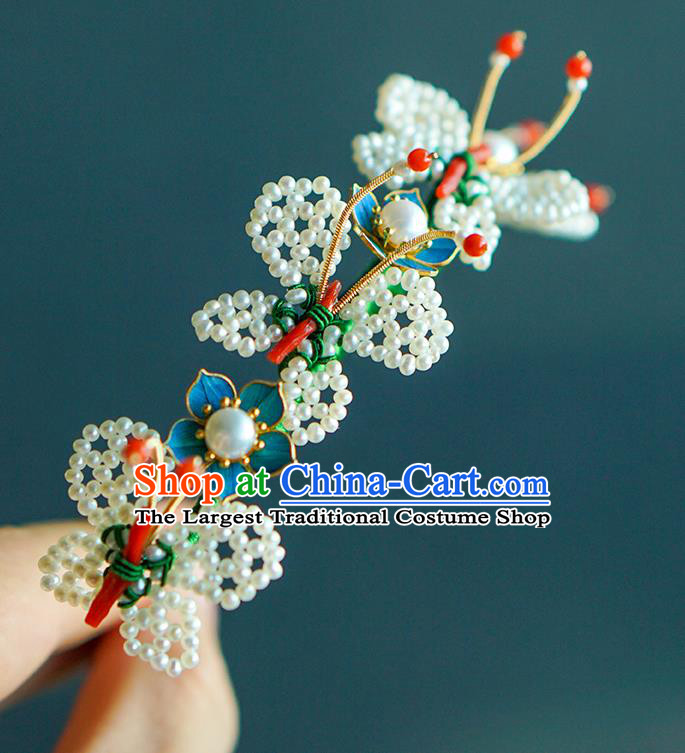 China Qing Dynasty Pearls Butterfly Hair Stick Traditional Court Hair Jewelry Ancient Empress Agate Hairpin