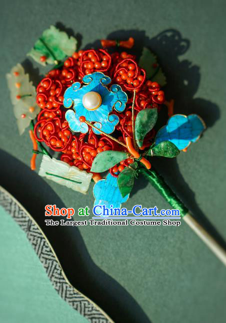 China Qing Dynasty Queen Jade Butterfly Hair Stick Traditional Court Hair Jewelry Ancient Empress Red Beads Hairpin