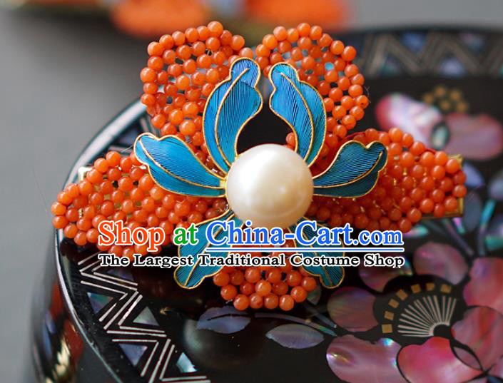 China Qing Dynasty Pearl Hair Crown Traditional Court Hair Jewelry Ancient Empress Red Beads Peony Hairpin