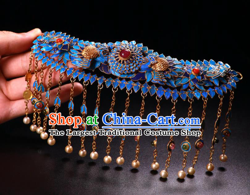 China Handmade Pearls Tassel Ruby Hair Crown Ancient Qing Dynasty Imperial Empress Cloisonne Chrysanthemum Hairpin