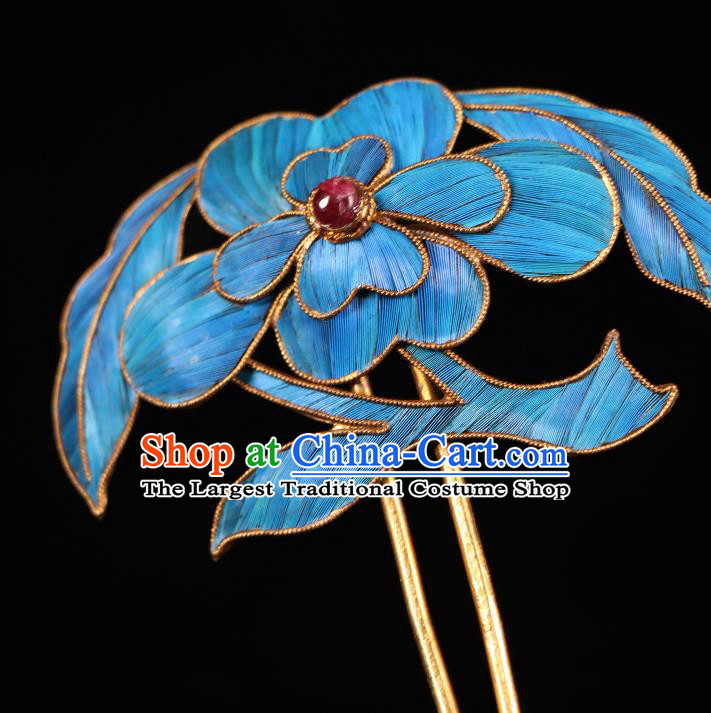 China Ancient Imperial Empress Garnet Hair Clip Handmade Qing Dynasty Queen Blueing Hairpin