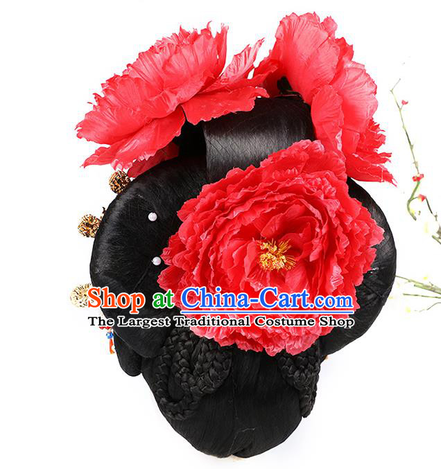 Chinese Ancient Queen Wig Sheath Traditional Tang Dynasty Empress Wu Zetian Wigs Chignon and Hair Jewelry