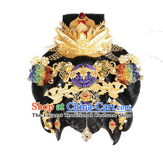 Chinese Ancient Empress Wu Zetian Wig Sheath Traditional Tang Dynasty Wigs Chignon and Hair Accessories Full Set