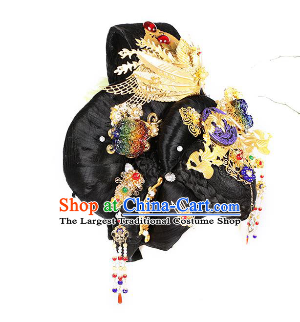 Chinese Ancient Empress Wu Zetian Wig Sheath Traditional Tang Dynasty Wigs Chignon and Hair Accessories Full Set