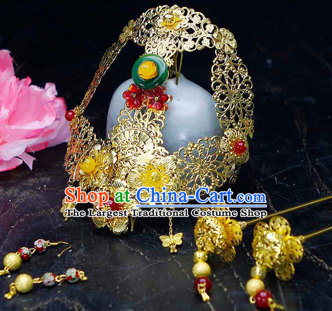 China Traditional Qin Dynasty Queen Mi Yue Accessories Ancient Empress Golden Hair Crown and Hairpins